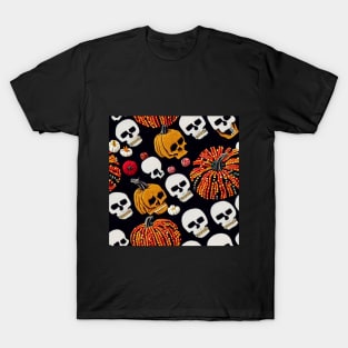 Embroidery stitch pumpkins and skulls in Mexican style with beads and fur pattern T-Shirt